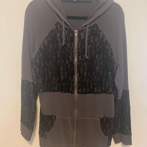 Torrid Black Lace and Charcoal Zip up Hoodie.